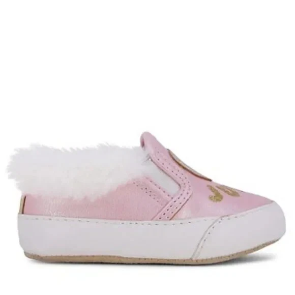NUEVO JUICY COUTURE Bebé Eureka Imitación Piel Borde Dorado Brillo Corazón Zapatilla Sin Cordones Foto 2 de 4