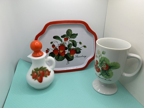 Lot of Vintage Strawberry Items MCM Retro Goblet Metal Tray Milk Glass Pitcher