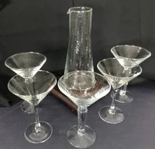 Vintage Martini Glass and Pitcher Set Hand Blown MCM Barware Nick and Nora 5pc
