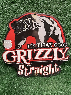 VINTAGE GRIZZLY PORCELAIN SIGN STRAIGHT AMERICAN CHEWING TOBACCO BEAR  CIGARETTE