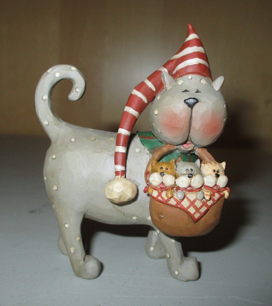 Vintage Figurine Gray Christmas Cat Carring a Basket of Kittens (NWOT)