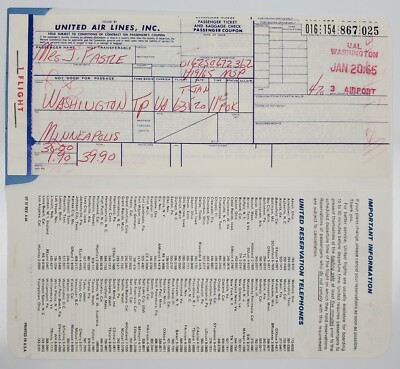 Vintage United Airlines Flight Ticket Washington DC To Minneapolis 1965 Hertz