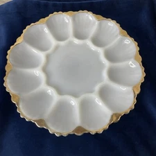 VINTAGE Anchor Hocking  MILK GLASS Deviled Egg Plate Platter GOLD TRIM