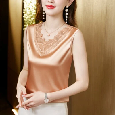 Femme Satin Dentelle T-Shirt Caraco sans Manche Débardeur Soyeux Chemisier Col V - Photo 1/4