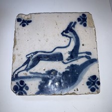 Antique Delft Blue White 17th CENTURY DUTCH HOLLAND TILE Running Stag Deer 1600
