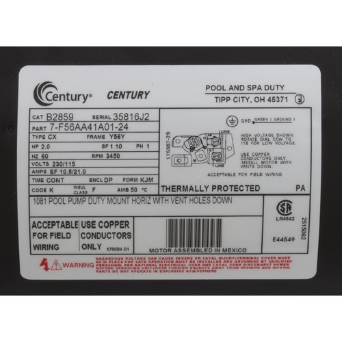 Motor, Century, 2hp, 115/230v, 1-Spd, 56Fr, Up Rate - Picture 3 of 6