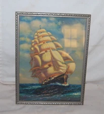 Vintage Large Framed Clipper Ship Print Under Glass - Nautical Coastal