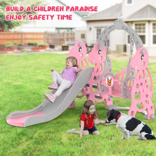 Kids Slide and Swing Set 4 in 1 Toddler Slide Swing Basketball Hoop Pink - Picture 10 of 10