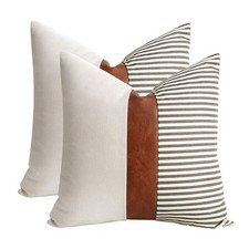 Set of 2 Farmhouse Decor Stripe Patchwork Linen Throw Pillow Covers,Modern Ta...