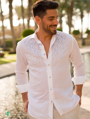 Chemise boutonnée en lin brodé café Capri Italie Camicia | Medium - Photo 2/8
