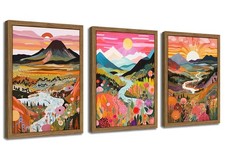 Wood Framed Boho Colorful Landscape Canvas Wall Art Set of 3 - Abstract Mount...
