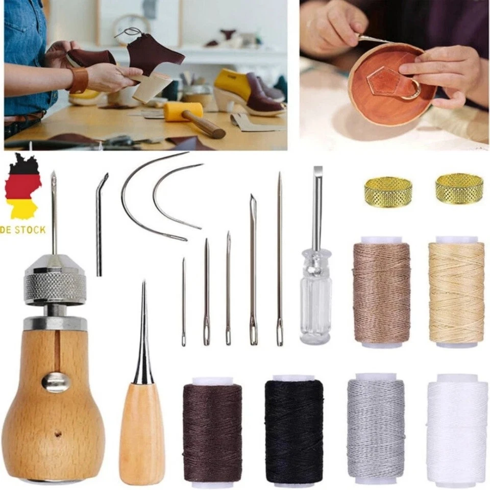 18 Stück Leder Werkzeug Schuhmacher und Sattler Nähset mit gewachstem Ledergarn - Bild 3 von 4
