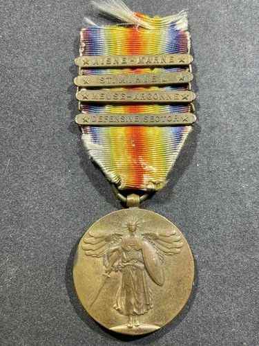 WW1 WWI Military US Army Allied Victory Medal 4 Bars Aisne-Marne, Mihiel, Meuse
