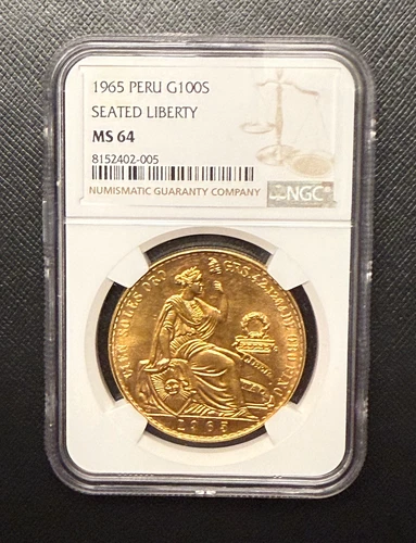 Peru 1965 Gold 100 Soles NGC MS64 Seated Liberty