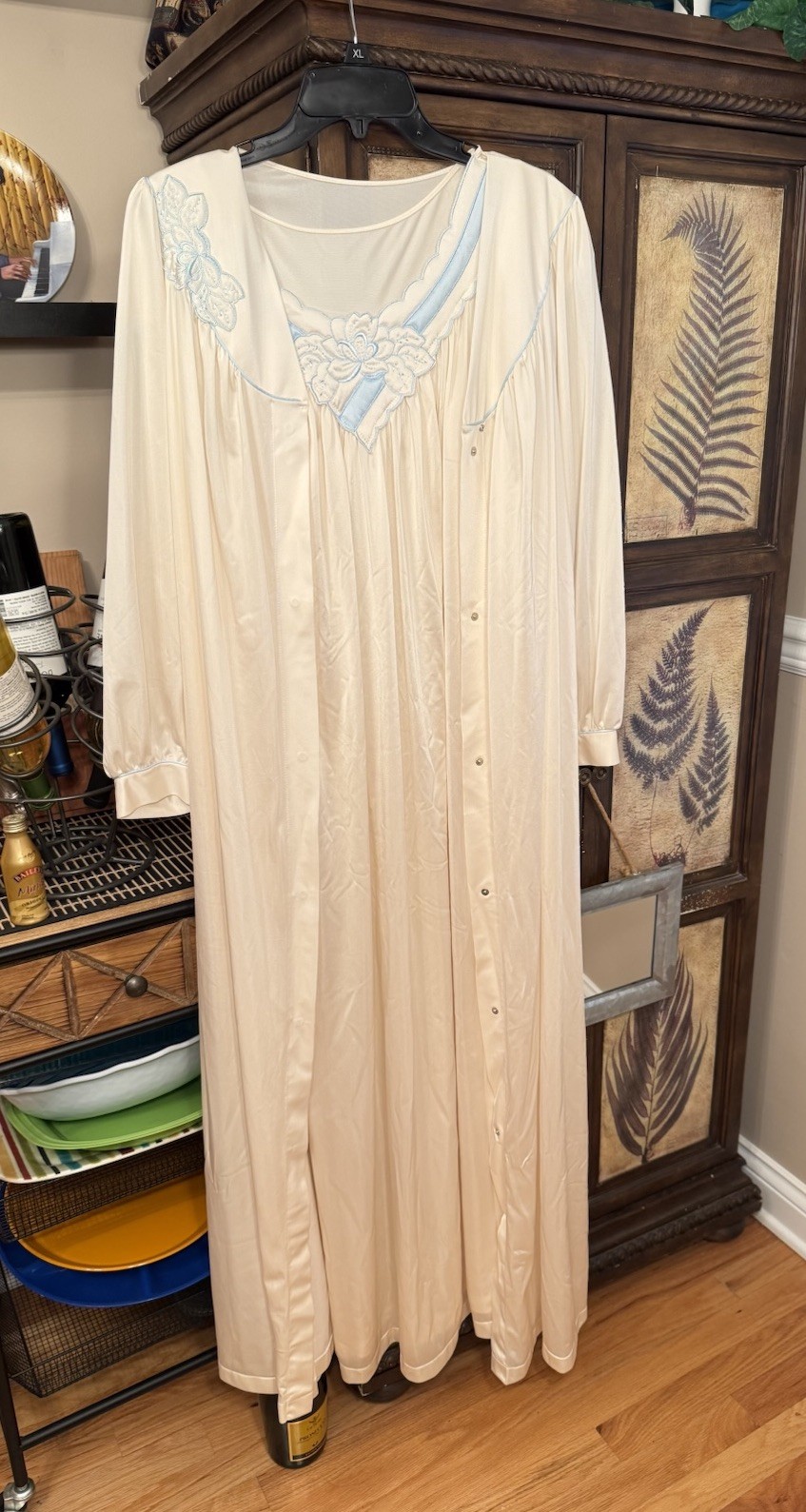 Vtg Ivory Shadowline Nightgown & Robe Set Embroidered & Blue Piping EUC Sz LG