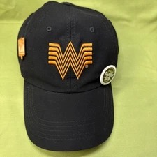 Whataburger Employee Hat-Black & Orange Logo-Hook and Loop Adjust Back w EE PINS