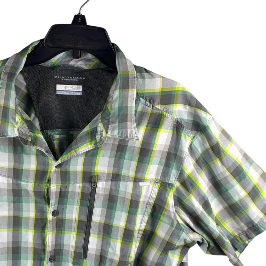 Columbia Omni-Shade Mens XXL Plaid Short Sleeve Hiking Fishing Shirt Green