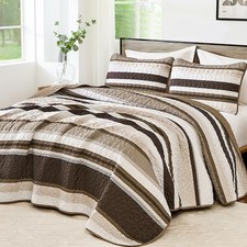 Quilt Set Queen Size Striped Pattern Queen 96"x90" Brown