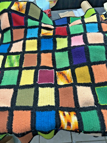 Vintage Latch Hook Textile Throw Wall Hanging Geometric Squares 40x48