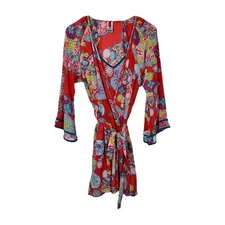 Josie Natori Nightgown Chemise Robe Two Piece Set Small Red Asian Floral Velvet