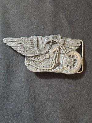 Vintage 1986 C&J Inc Belt Buckle Motorcycle Eagle Wings Biker Pewter 1134 USA