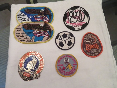 (8) Bestickte Patches NAS OCEANA, KNOTEN BEERENFARM, FUSSBALL, BIER, JUNGENPFADFINDER