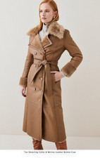 £1,599 - New - Karen Millen - Shearling Collar Leather Button Coat - Uk Size 16