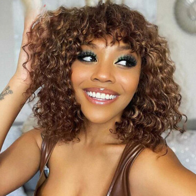 Short Cut Human Hair Wigs with Bangs Curly Lace Front Wig Highlight Wigs Women