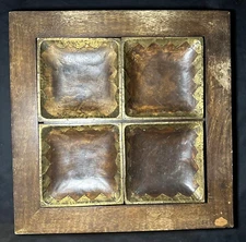 Vintage Handmade Wood Tray & 4 Dipping Bowls w/Copper Rustic Farmhouse Primative