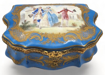 Antique French SEVRES Large Blue Porcelain Jewelry Trinket Box