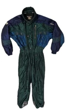 Unisex Descente Ski Snowsuit One Piece Shiny Green & Blue Vintage 80s Large