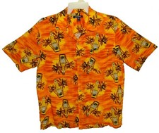 Sz L George Hawaiian Aloha Shirt "Wrecked" Beer Bottles 100 Rayon Orange Multi