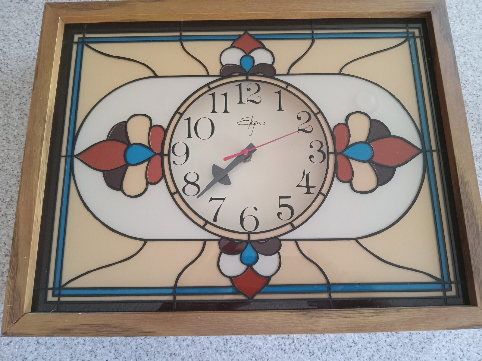 VINTAGE ELGIN LARGE STAINED GLASS WALL CLOCK