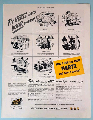 1950 Hertz Rent A Car Vtg 1950's Magazine Print Ad, Fit Hertz into Your Week!