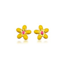 14K Yellow Gold Enamel Flower Baby Stud Earrings