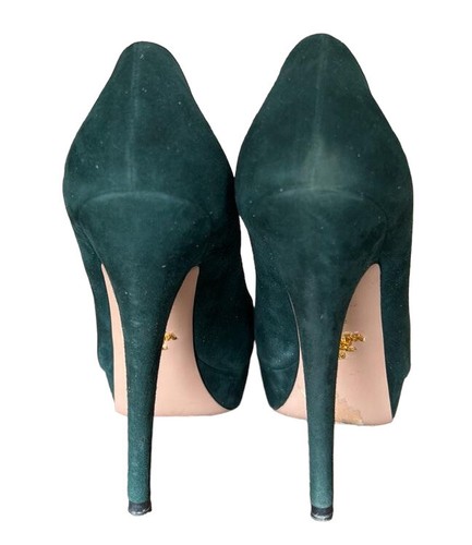 PRADA Dark Green Platform Pumps Suede Almond Toe, Size 37.5 - Picture 9 of 11
