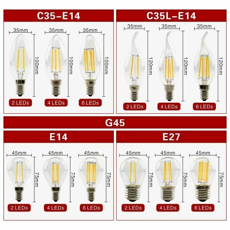 E27 E14 LED Bulb Filament C35 C35L A60 ST64 Retro Edison Lamp 220V-240V Light - Image 4 of 4