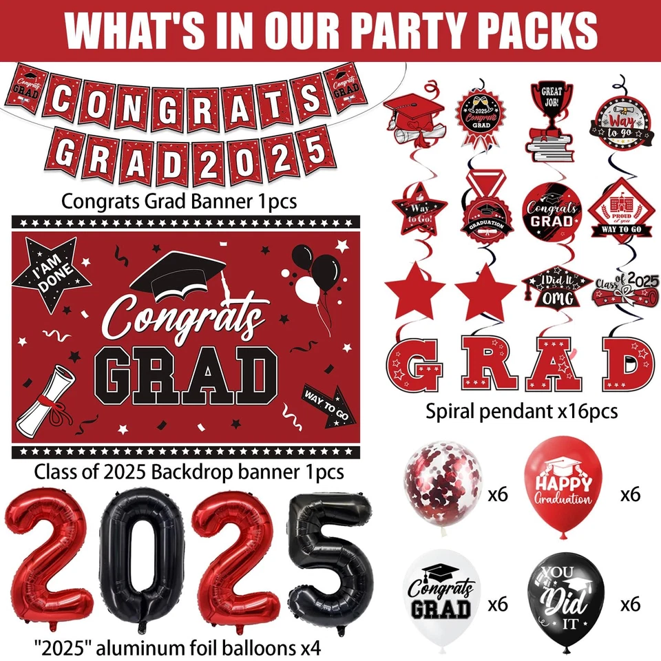 Juego de decoraciones de graduación clase de 2025, tema rojo graduación fiesta suministros de Foto 2 de 4