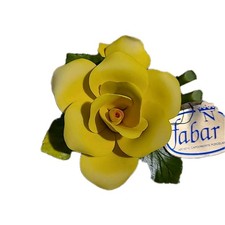 Capodimonte Italy yellowPorcelain Rose with Stem Leaves Handcrafted