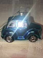 VTG Glass Car Christmas Ornament Glittery Hollow Blown Automotive Vehicle Blue