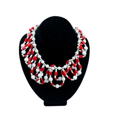 Vintage Miriam Haskell Red White Beaded Bib Necklace Signed