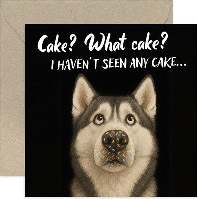 Lustige Geburtstagskarte   ''Haven't Seen Any Cake'' Sibirischer Huskey Hund Witz 