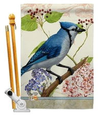 Blue Jay Floral Garden Birds Decorative Vertical House Flag 28"x40" w/Flagpole