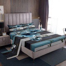 Teal Floral Sheet Set Queen Size, Flower Butterfly Bed Sheet Set 4pcs with De...