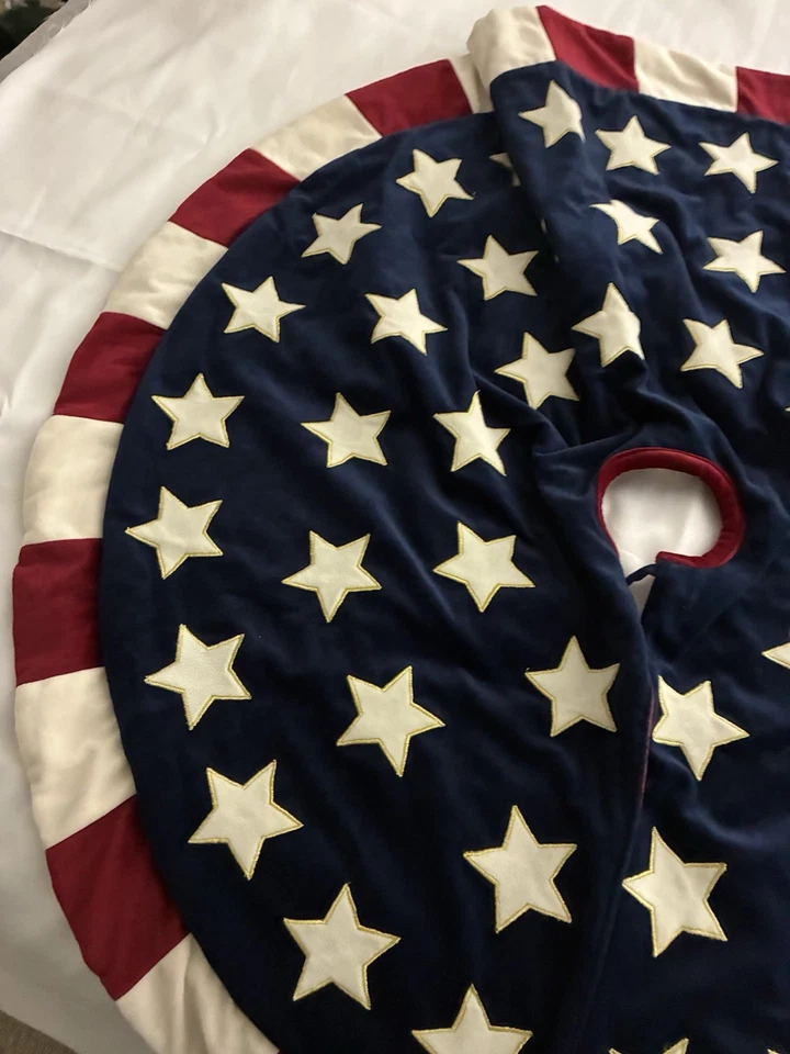 Velvet Patriotic American Flag Stars & Stripes Christmas Tree Skirt 42” Diam - Image 2 of 4