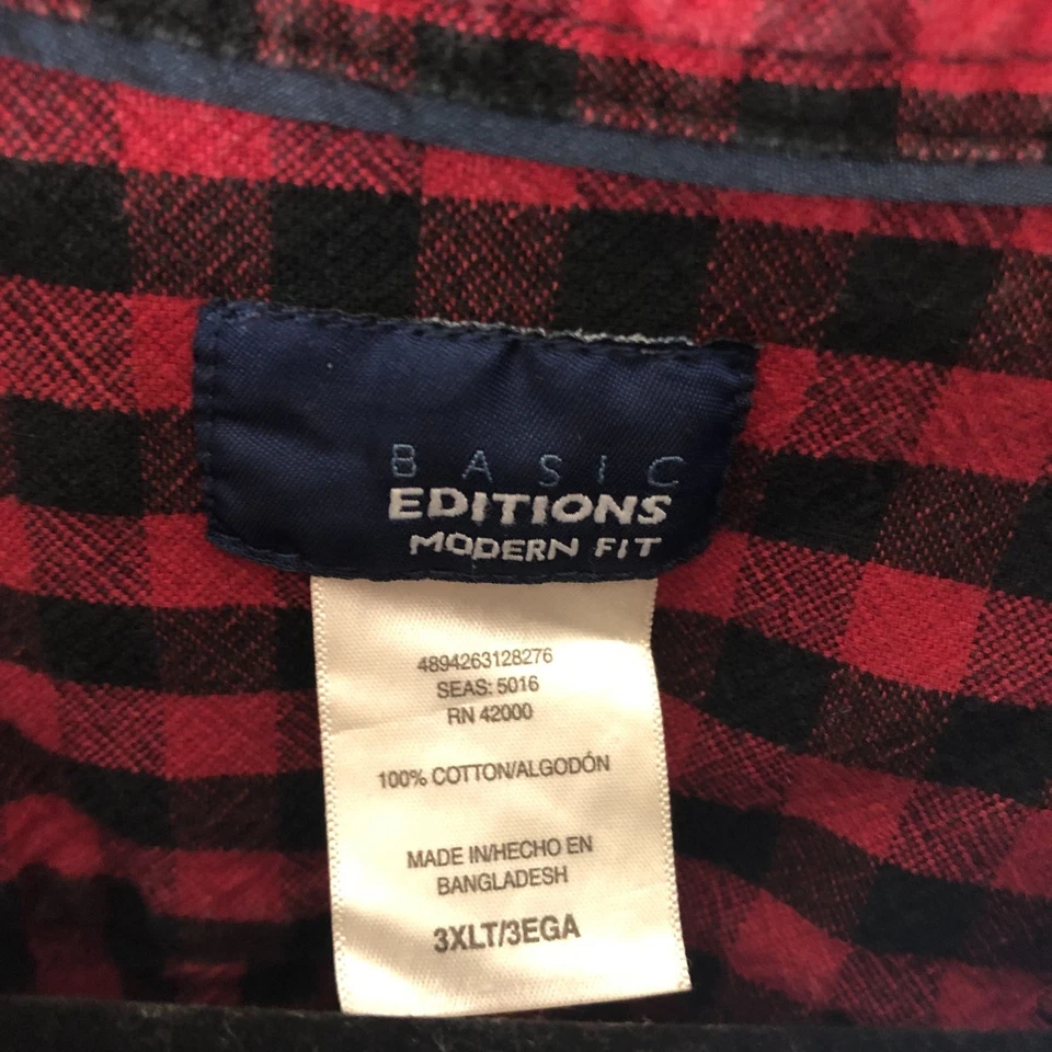 Basic Editions Mens Shirt Modern Fit Heavy Cotton Plaid Red Black 3XLT - Image 3 of 3