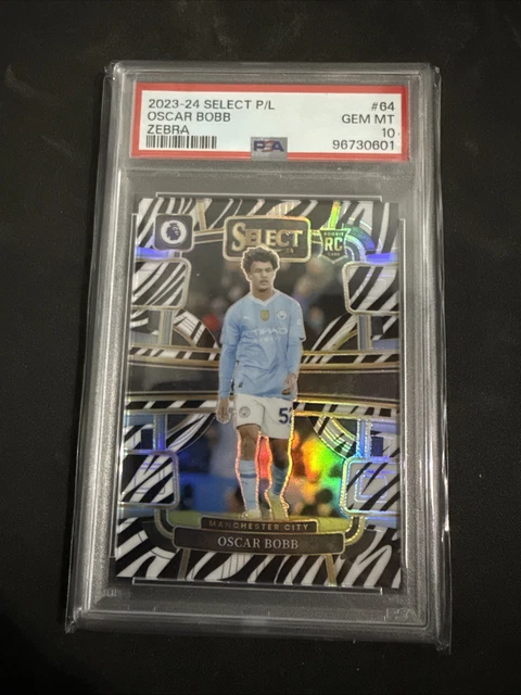 2023/24 Panini Select Oscar Bobb Man City Rookie Zebra RC /25 PSA 10