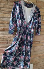 VTG 80s Navy Floral Prairie Dress Lace V-Neck Pockets M Cottagecore Coquette