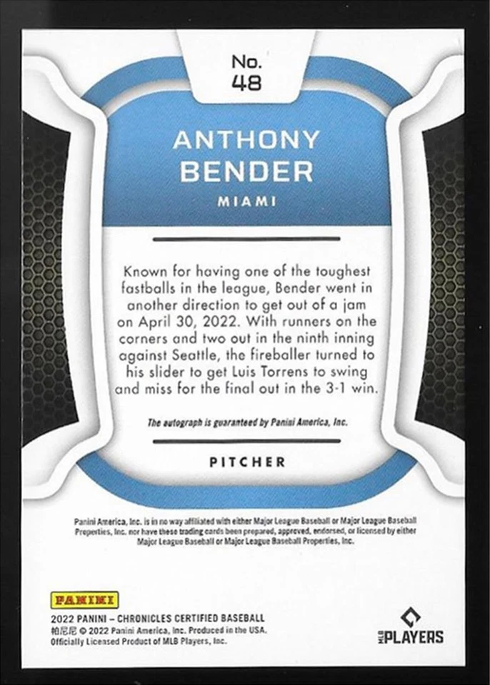 2022 Panini Chronicles Certified Autograph #48 Anthony Bender Rookie Marlins RC - Image 2 of 2