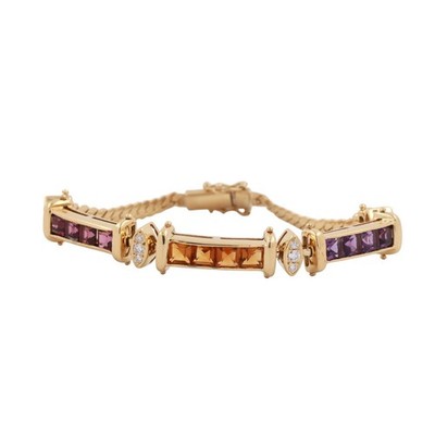 Multi Gemstone Station Curb Link Bracelet 18K Yellow Gold 4.30 CTW Size 6.5''